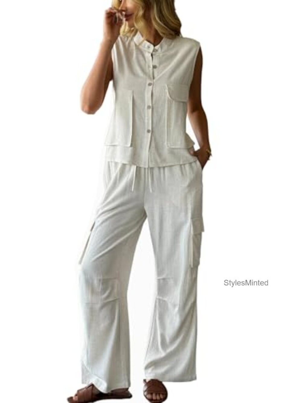 Linen Blend 2 Piece Wide Leg Cargo Pants Set Sleeveless Vest Top Casual